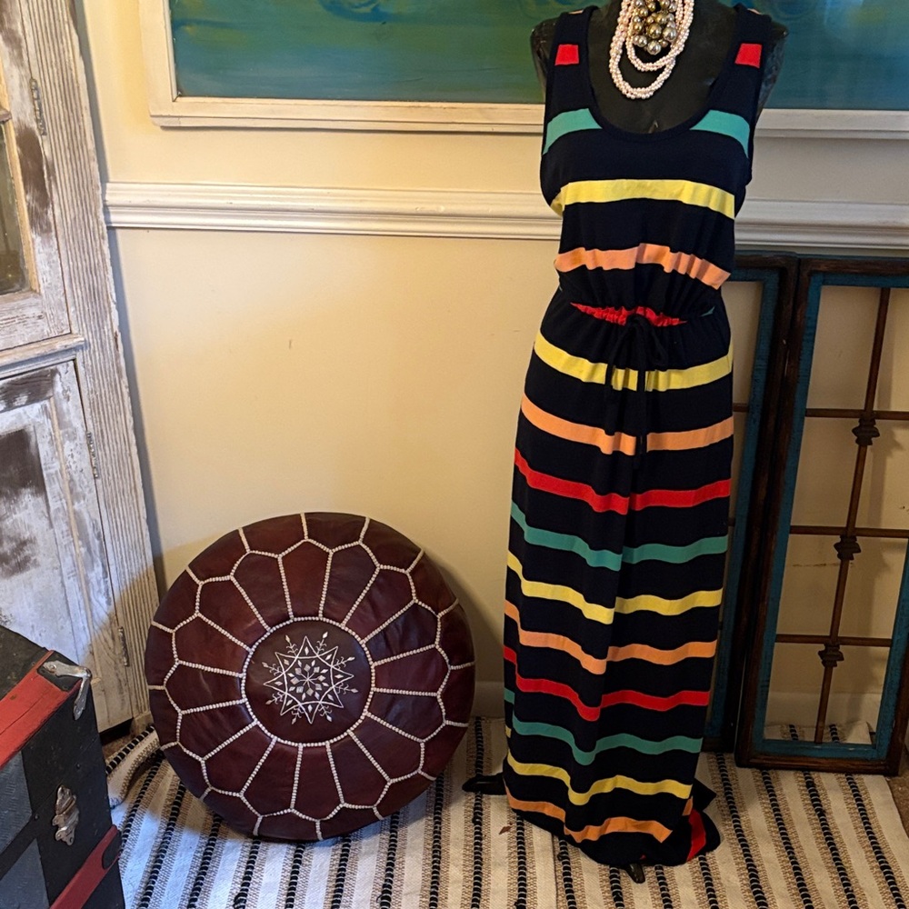 Maxi dress navy with red and yellow, orange , green stripes.